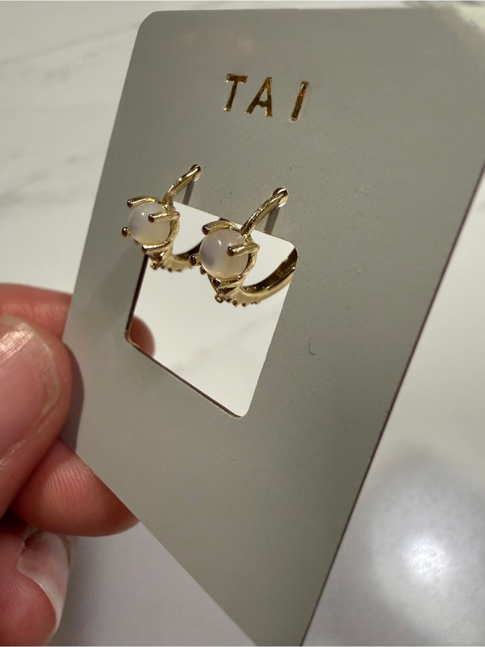 TAI Gold Huggie with CZ details and Mother of Pearl - Picture 2 of 3
